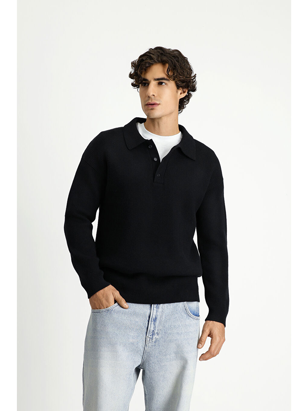 Siyah Polo Yaka Oversize Ekstra Rahat Kesim Desenli Triko Kazak-3