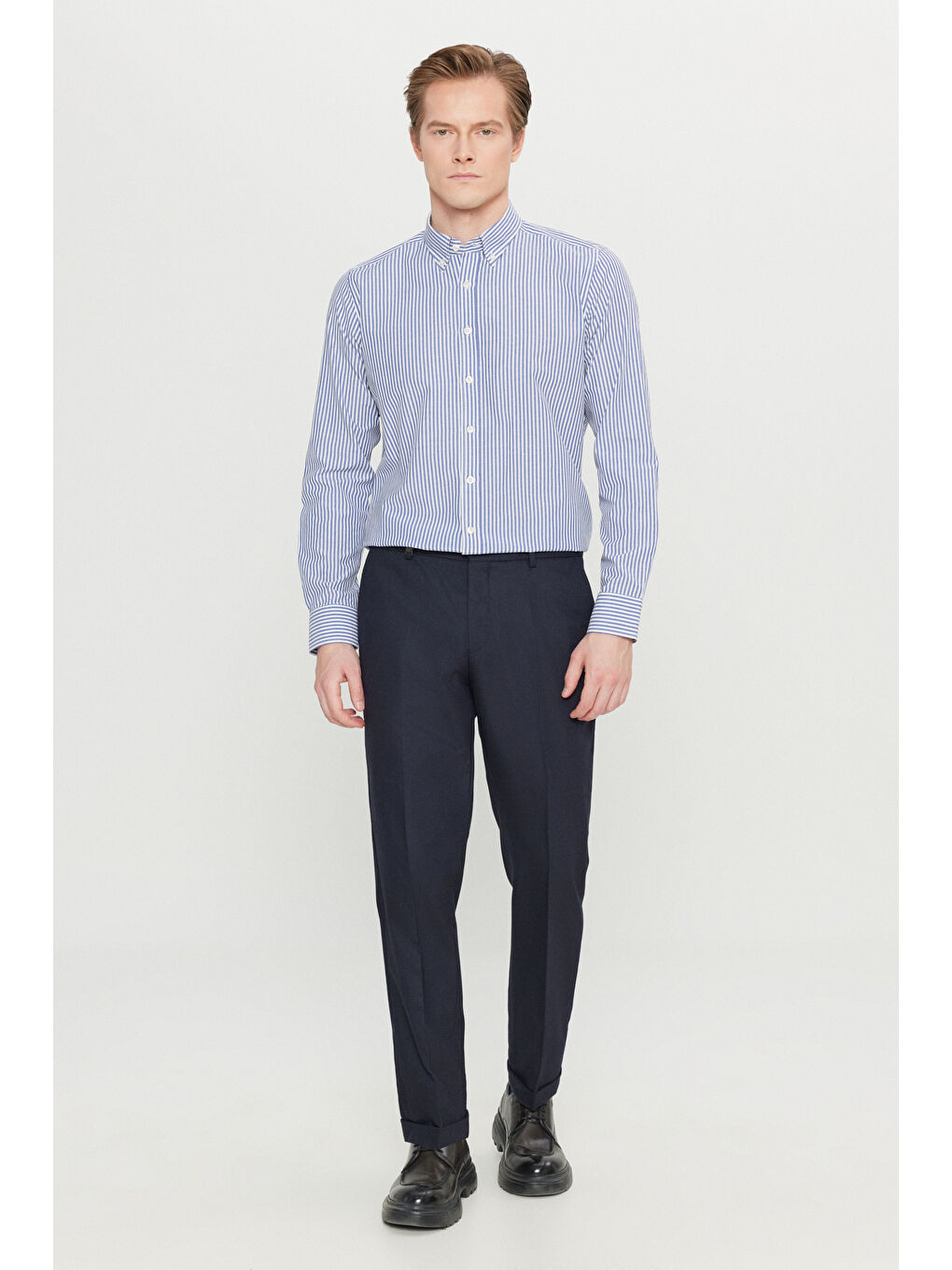 Erkek Lacivert Slim Fit Dar Kesim Gizli Lasiktli Yan Cepli Esnek Klasik Pantolon-2
