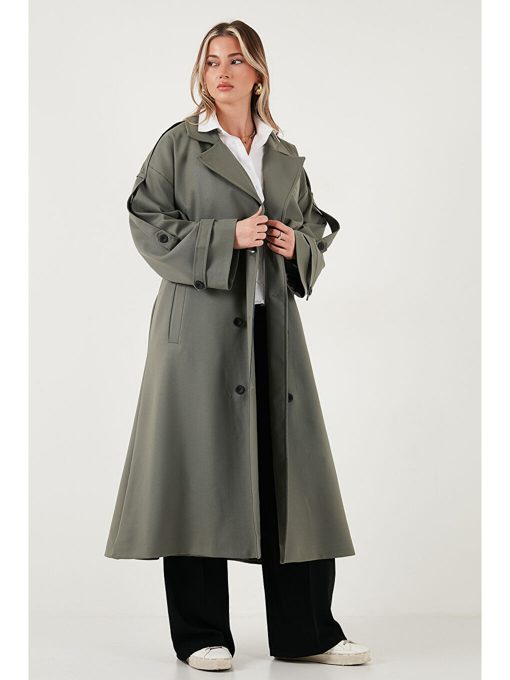 Haki Oversize Fit Kruvaze Yaka Düğmeli Kemerli Uzun Trençkot 6839476-2