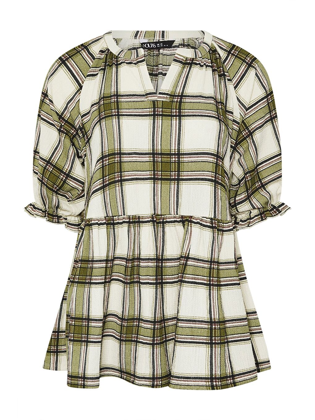 Bej Büyük Beden Kısa Kollu V Yaka Fırfırlı Beli Lastikli Kareli T-shirt 322964-3