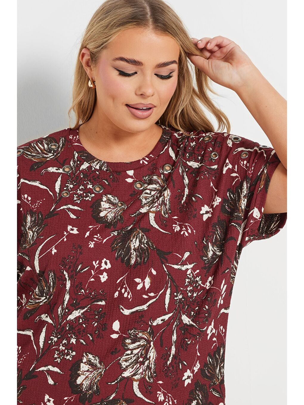 Bordo Büyük Beden Kısa Kollu Bisiklet Yaka Baskılı T-shirt 303841-3