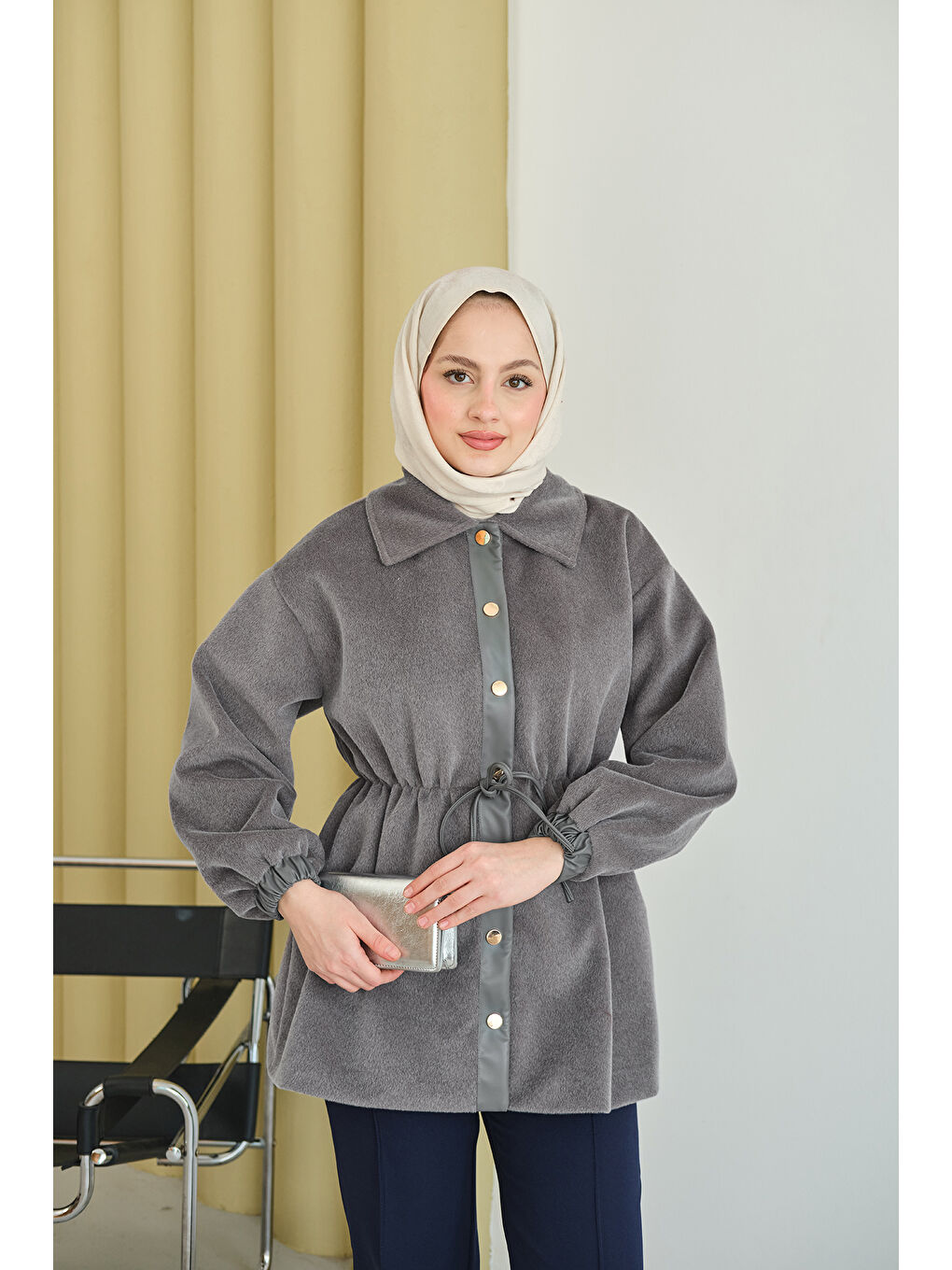 Kadın Beli Ayarlanabilir Gömlek Yaka Angora Ceket Gri-4