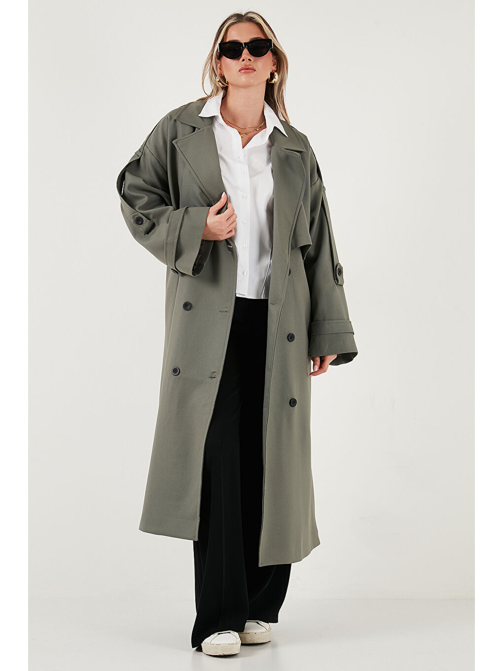 Haki Oversize Fit Kruvaze Yaka Düğmeli Kemerli Uzun Trençkot 6839476-3