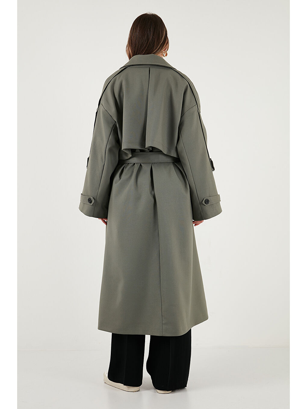 Haki Oversize Fit Kruvaze Yaka Düğmeli Kemerli Uzun Trençkot 6839476-5