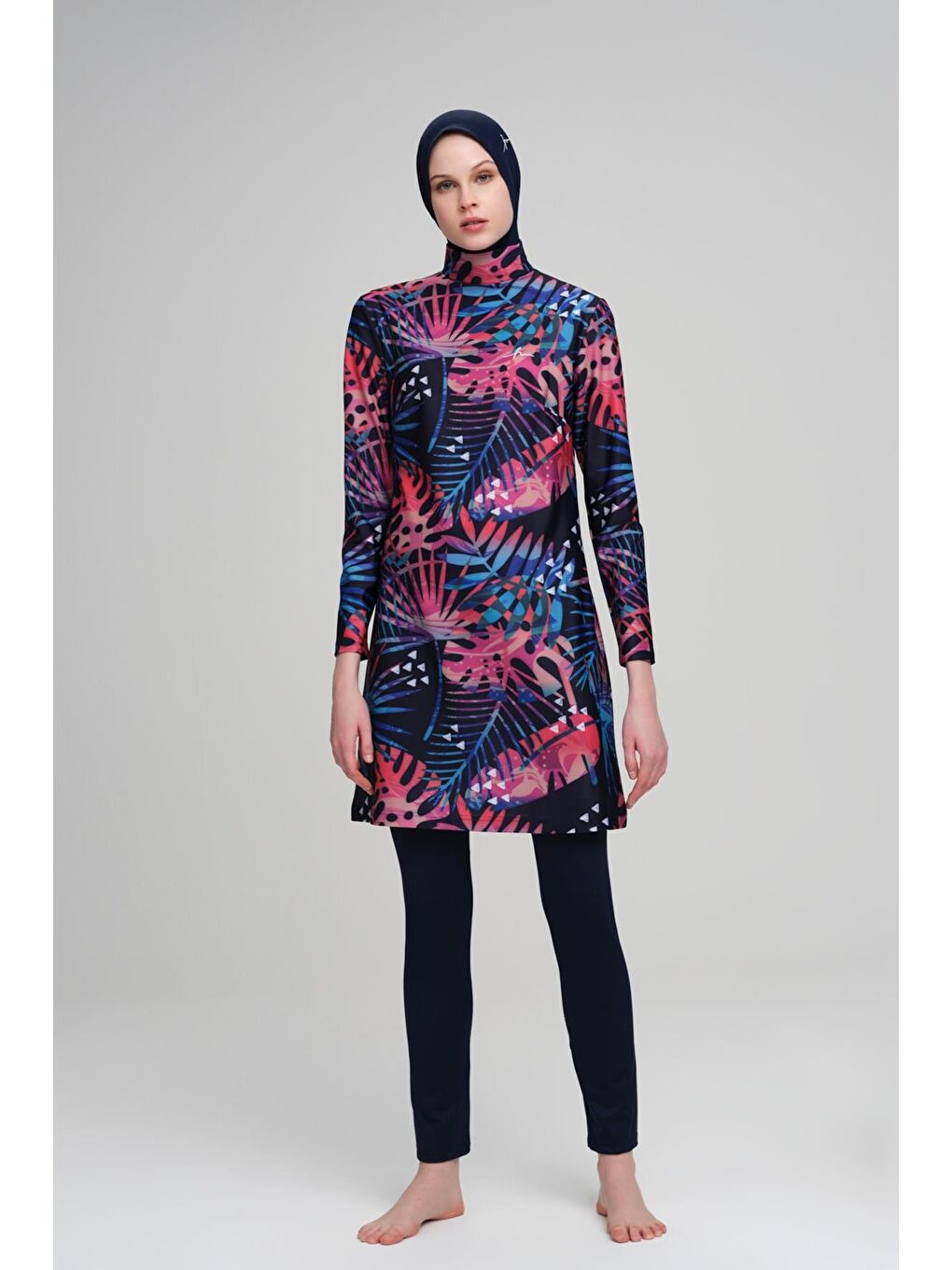 Pembe Yaprak Desenli Elastanlı Lacivert 4 Parça Tam Tesettür Mayo Takımı 3021-1