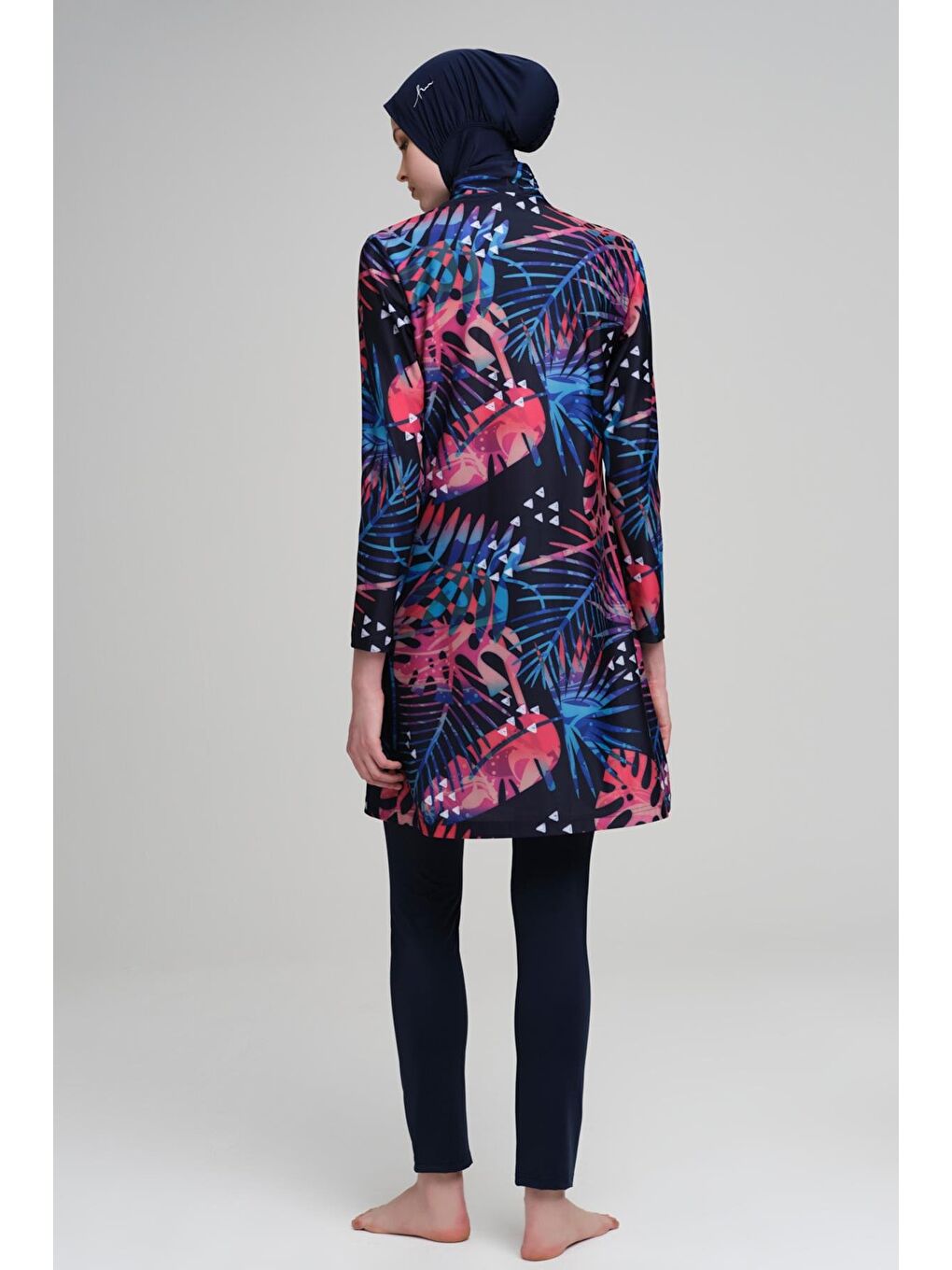 Pembe Yaprak Desenli Elastanlı Lacivert 4 Parça Tam Tesettür Mayo Takımı 3021-2