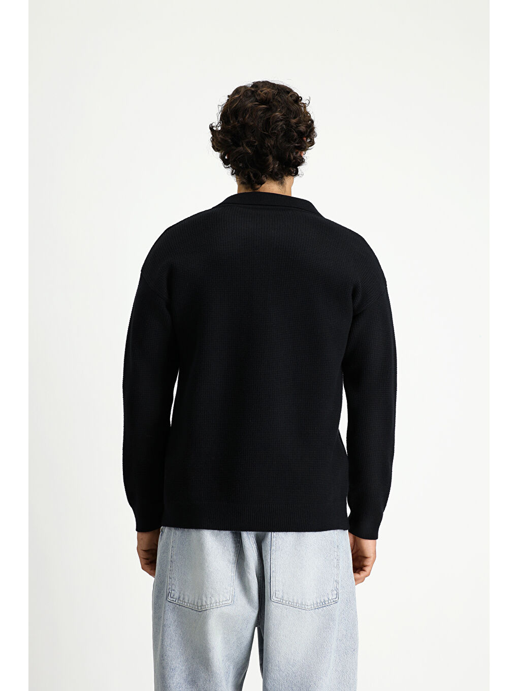 Siyah Polo Yaka Oversize Ekstra Rahat Kesim Desenli Triko Kazak-4