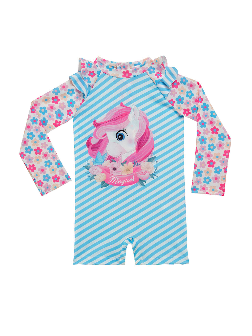 UV Korumalı Uzun Kollu Şortlu Tulum Kız Bebek Yüzücü Mayo 5111 Mavi-1