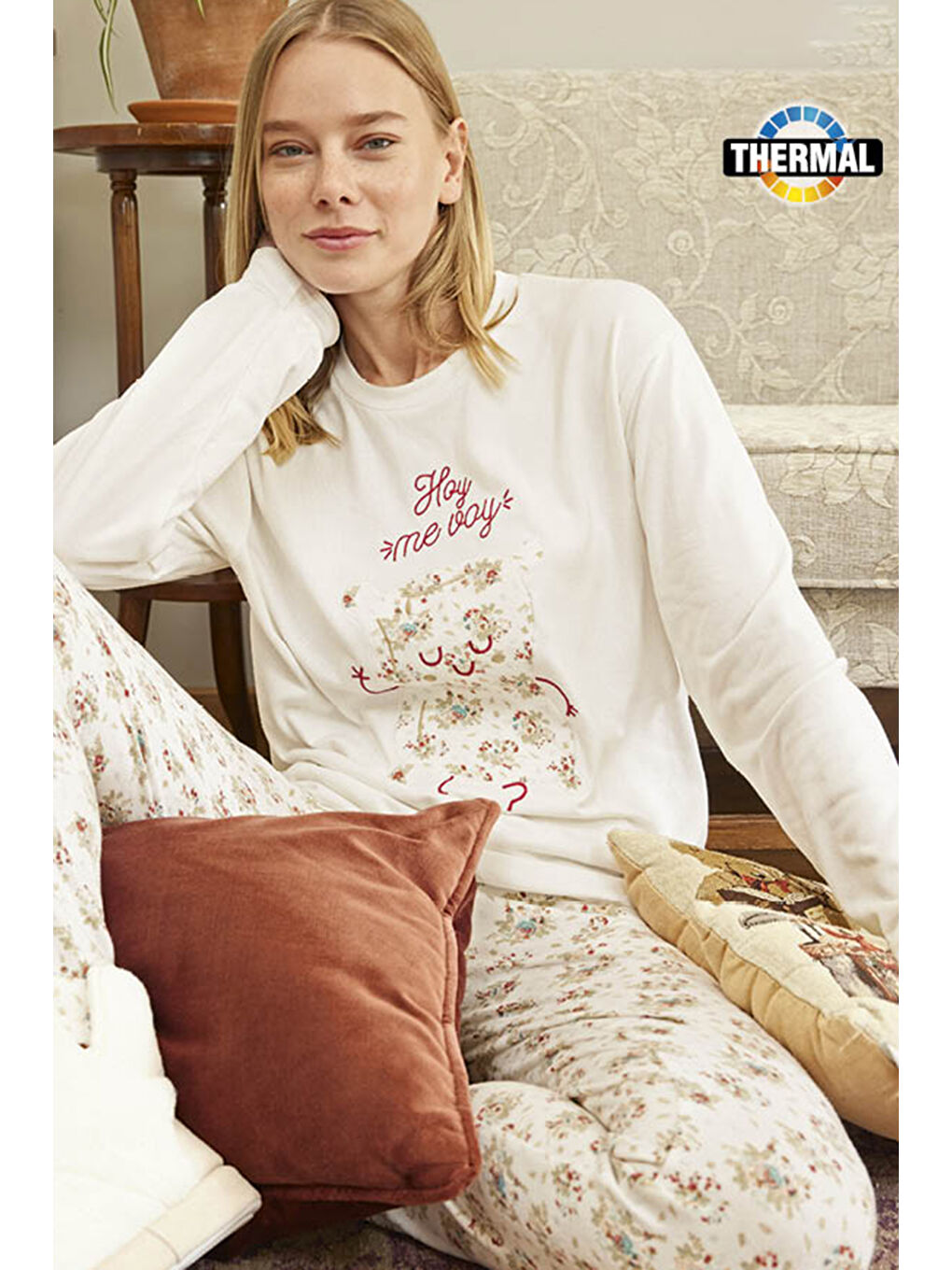 Kadın Termal Uzun Kol Pijama Takımı 30013 Ekru-1