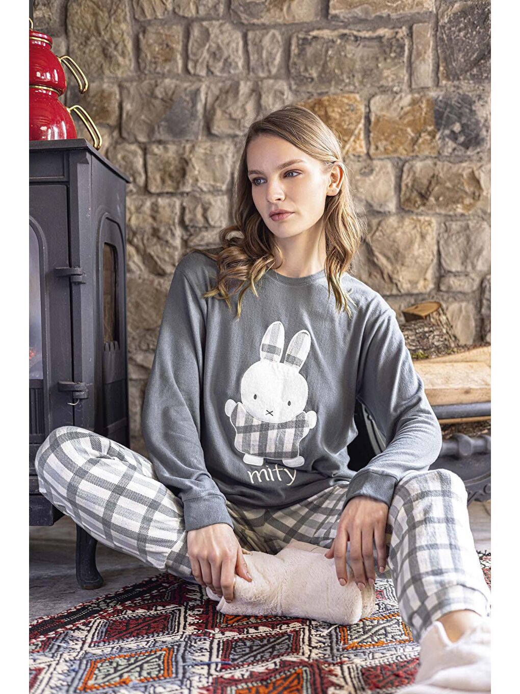 Kadın Termal Uzun Kol Pijama Takımı 30062 Gri-3