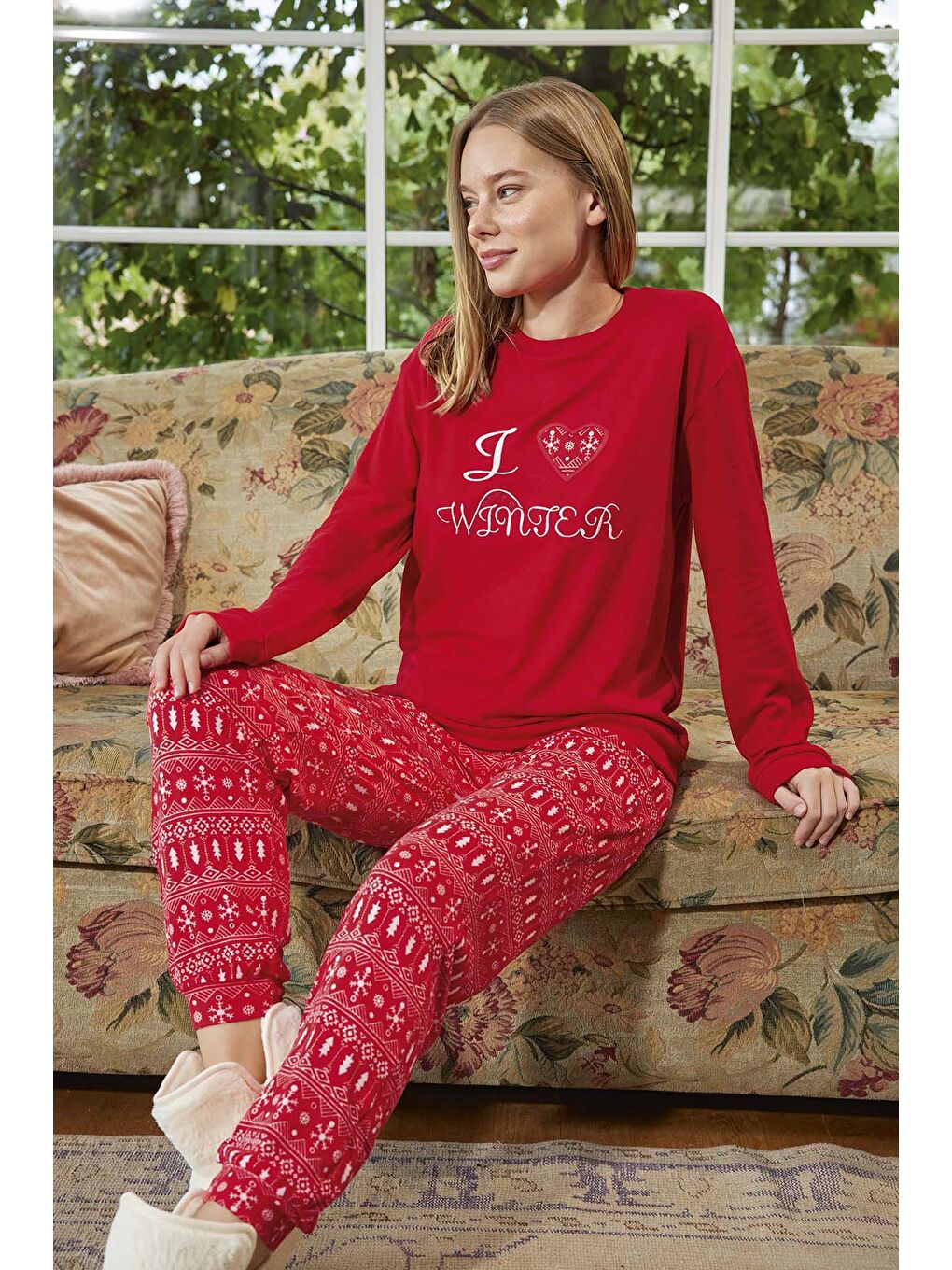 Kadın Termal Uzun Kol Pijama Takımı 30000 Kırmızı