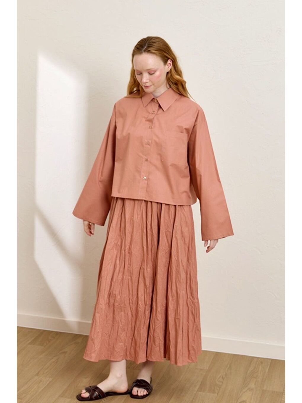 Pembe Somon Tek Cepli Crop Gömlek-1