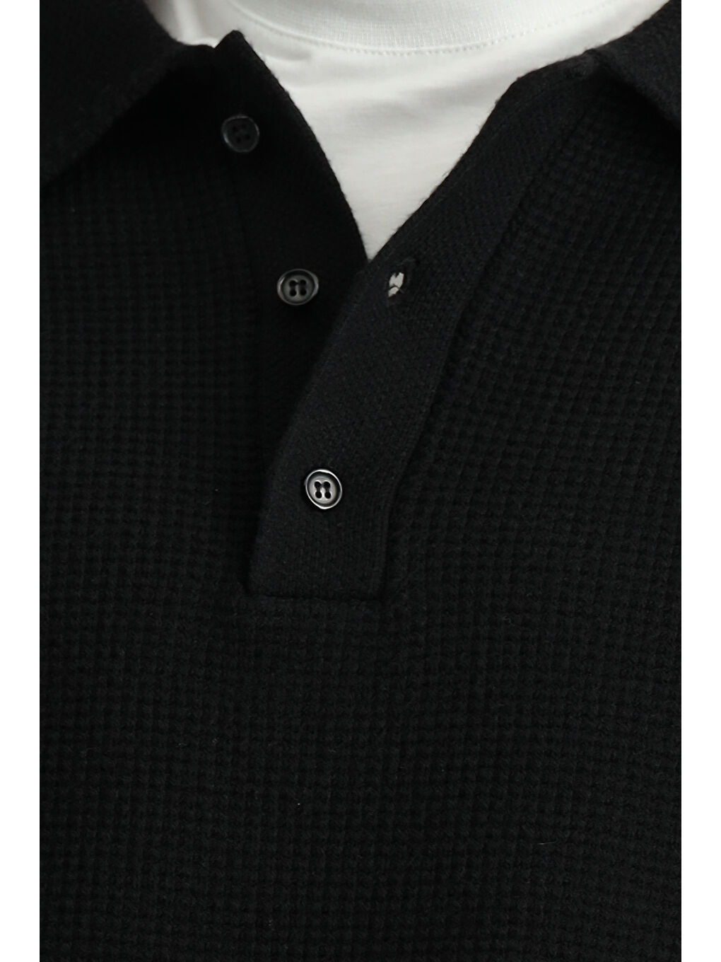 Siyah Polo Yaka Oversize Ekstra Rahat Kesim Desenli Triko Kazak-5