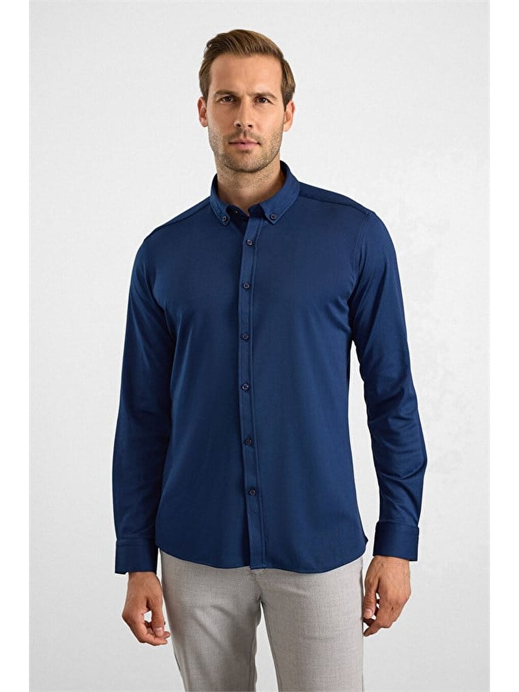 Lacivert Slim Düğmeli Yaka Manşetli Casual Gömlek