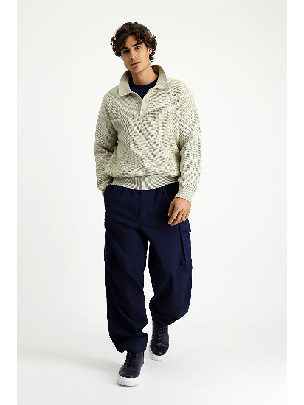 Bej Polo Yaka Oversize Ekstra Rahat Kesim Desenli Triko Kazak-1