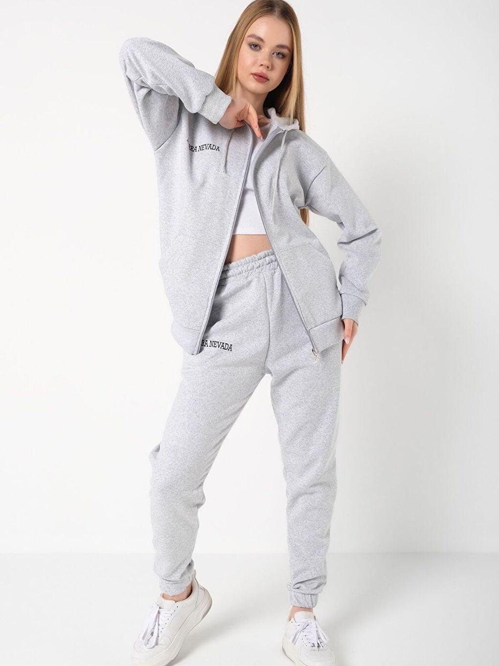 Kadın Açık Gri Sierra Nevada Baskılı Hırka Jogger Oversize Eşofman Takımı