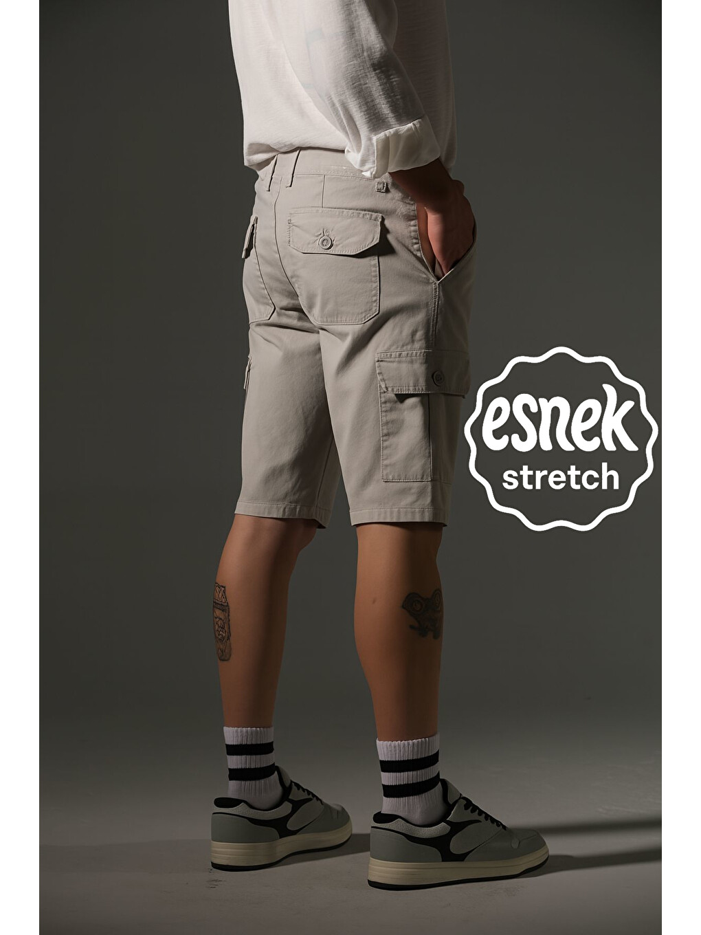Gri None Denim Yandan Kargo Cepli Esnek Kumaş Erkek Kargo Şort Bermuda-1