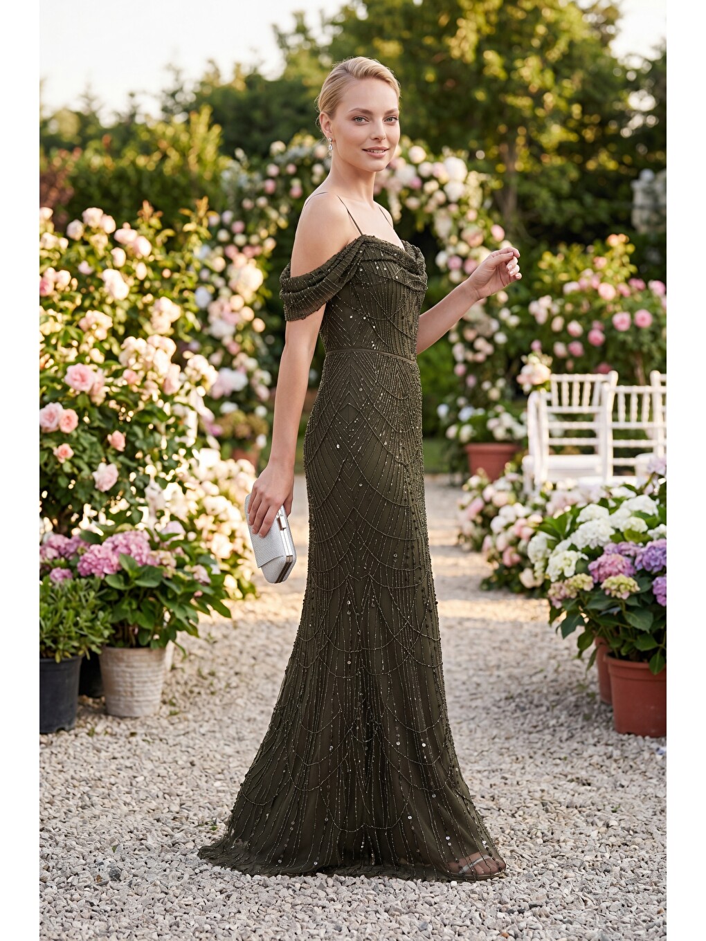 Kadın Haki İnce Askılı Boncuklu Uzun Söz Nişan Abiye Elbise-4