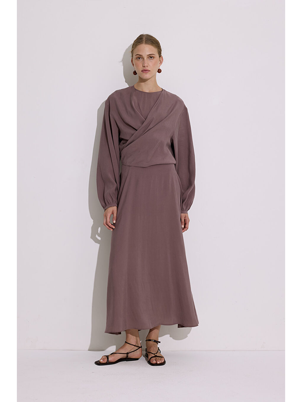 Pembe Modal Uzun Kol Anvelop Elbise Gül Kurusu-1