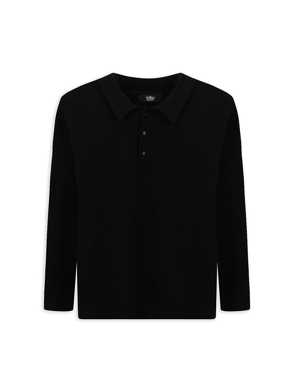 Siyah Polo Yaka Oversize Ekstra Rahat Kesim Desenli Triko Kazak-6