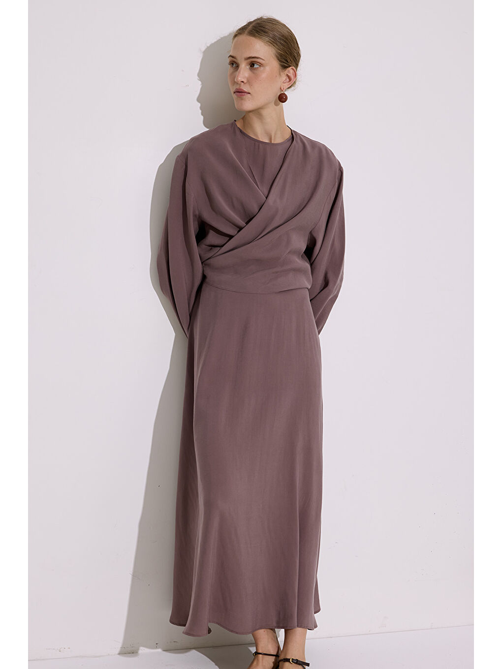 Pembe Modal Uzun Kol Anvelop Elbise Gül Kurusu-2