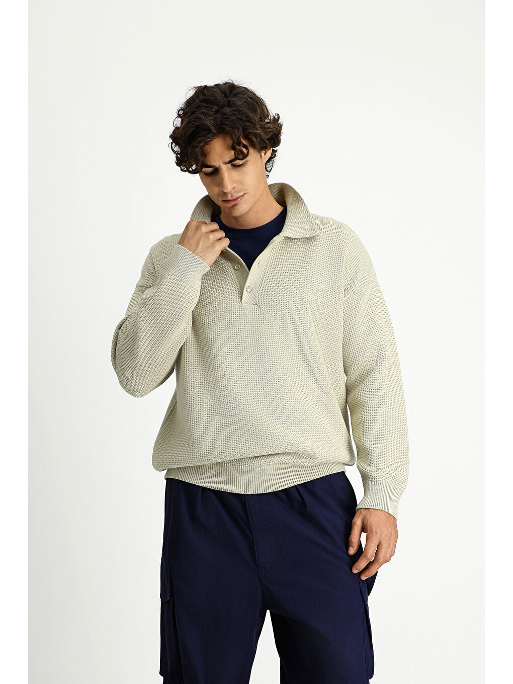 Bej Polo Yaka Oversize Ekstra Rahat Kesim Desenli Triko Kazak-2