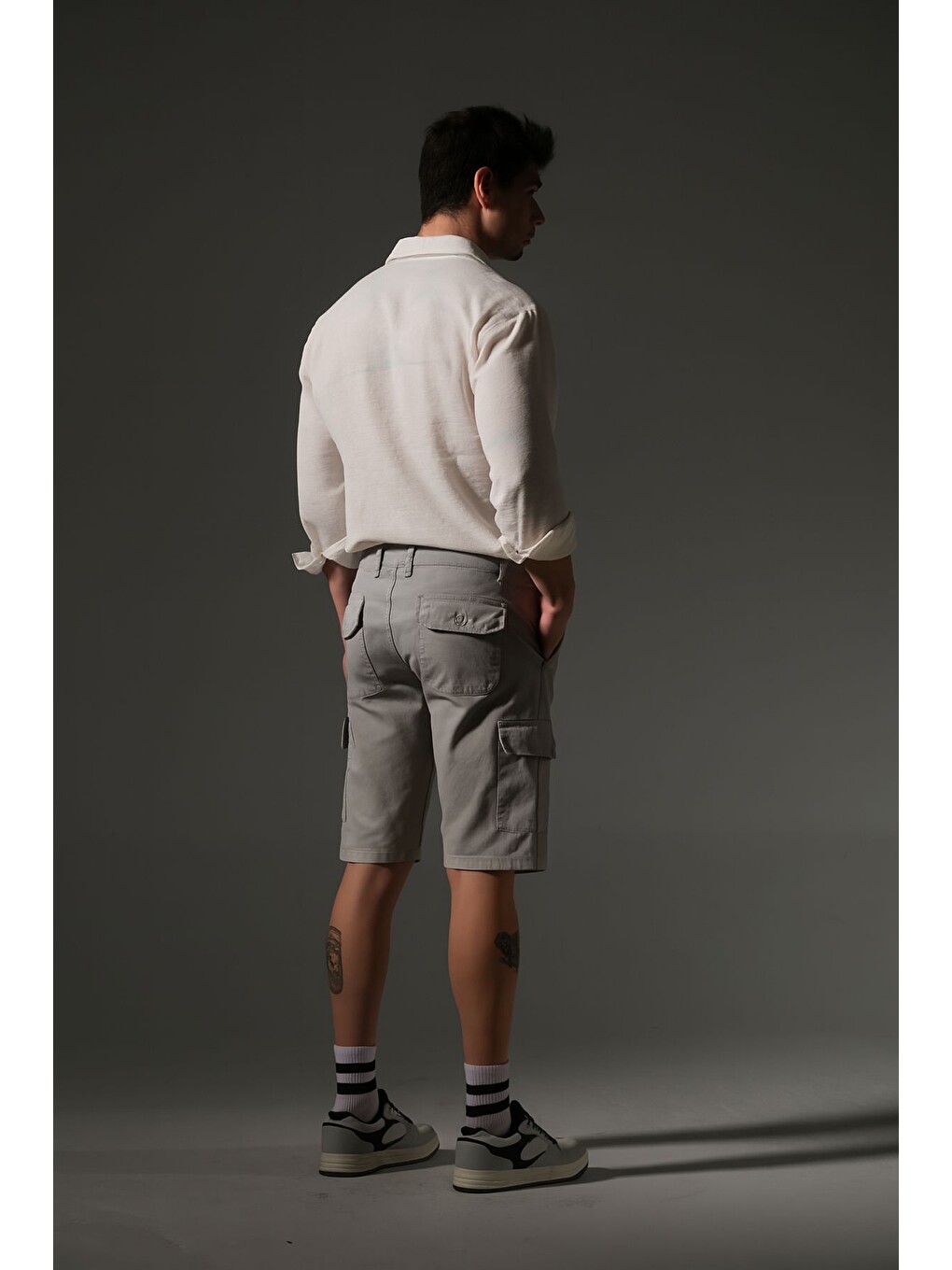 Gri None Denim Yandan Kargo Cepli Esnek Kumaş Erkek Kargo Şort Bermuda-3