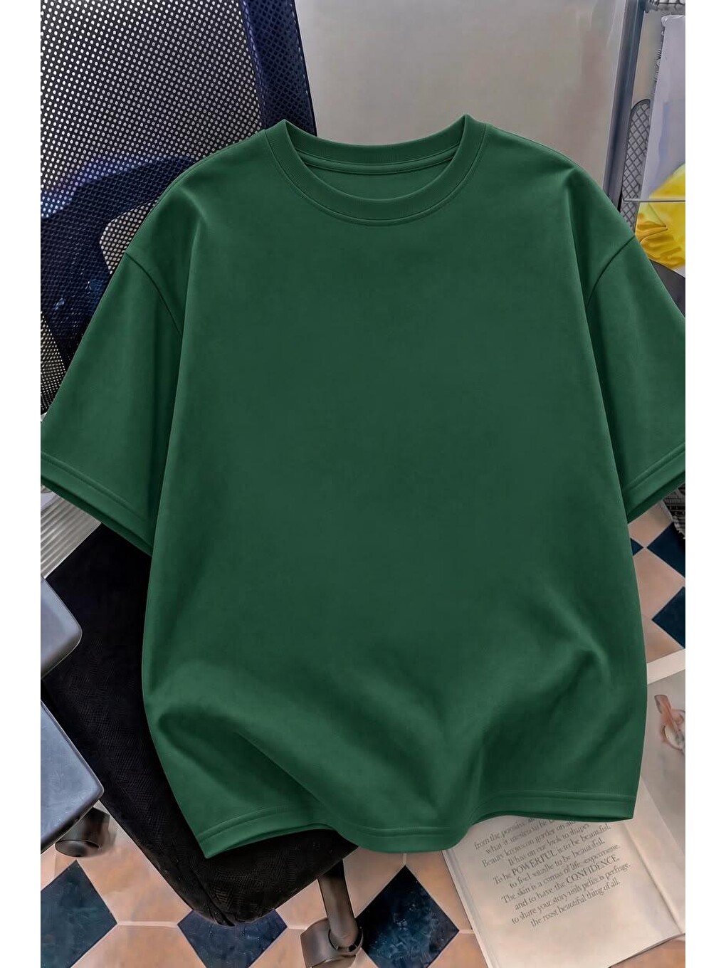 Yeşil Kedi Kalp Desenli Oversize/rahat Kesim Kısa Kollu T-shirt-1