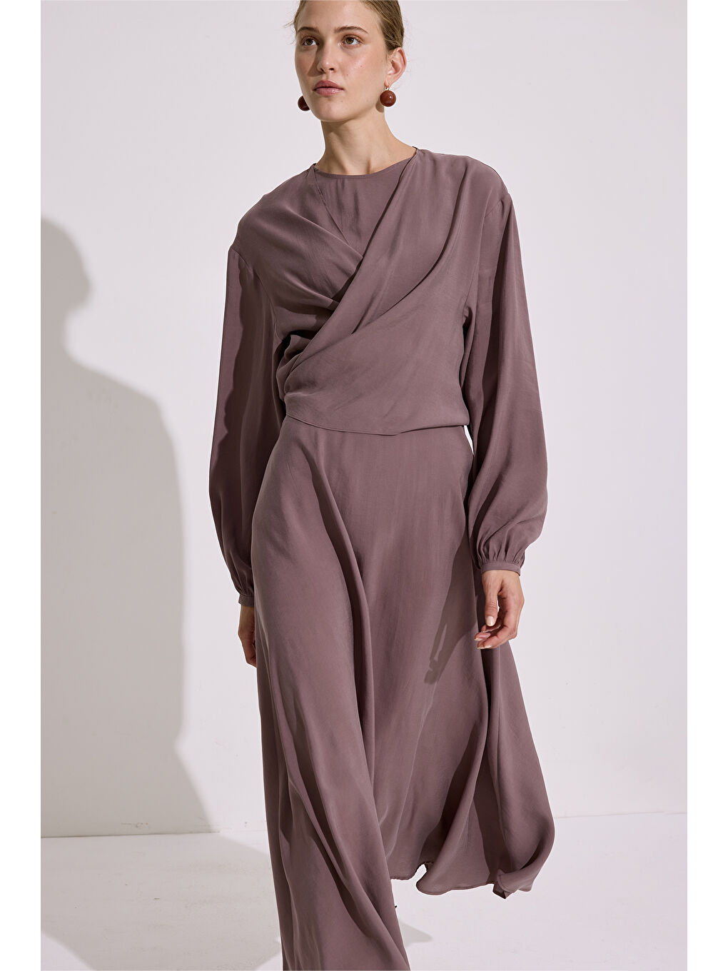 Pembe Modal Uzun Kol Anvelop Elbise Gül Kurusu-3