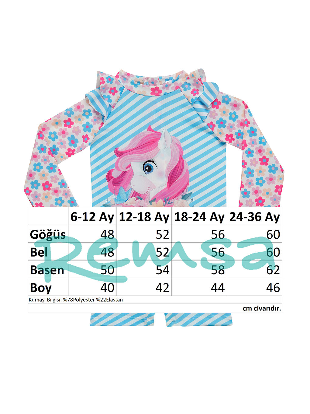 UV Korumalı Uzun Kollu Şortlu Tulum Kız Bebek Yüzücü Mayo 5111 Mavi-3