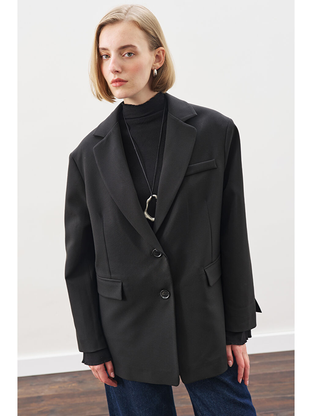 Oversıze Kesim Blazer Ceket Siyah-3