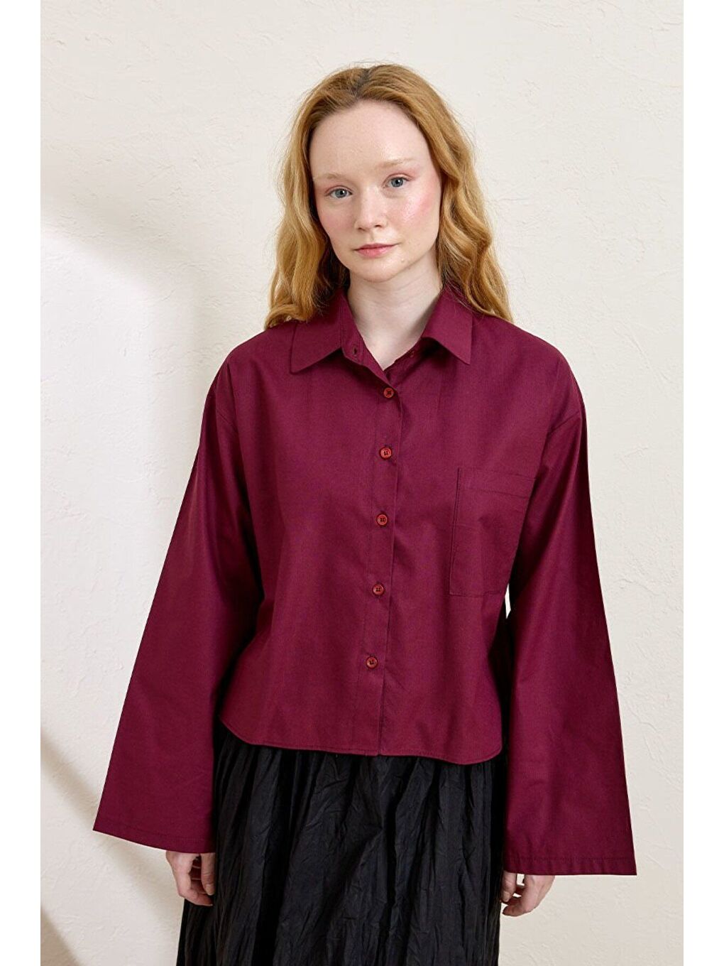 Mürdüm Tek Cepli Crop Gömlek