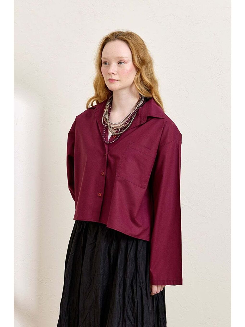 Mürdüm Tek Cepli Crop Gömlek-1