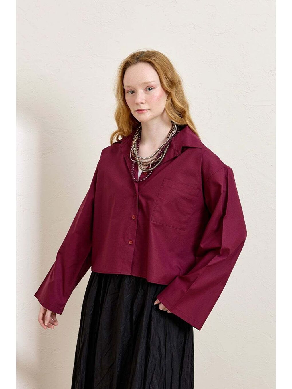 Mürdüm Tek Cepli Crop Gömlek-2