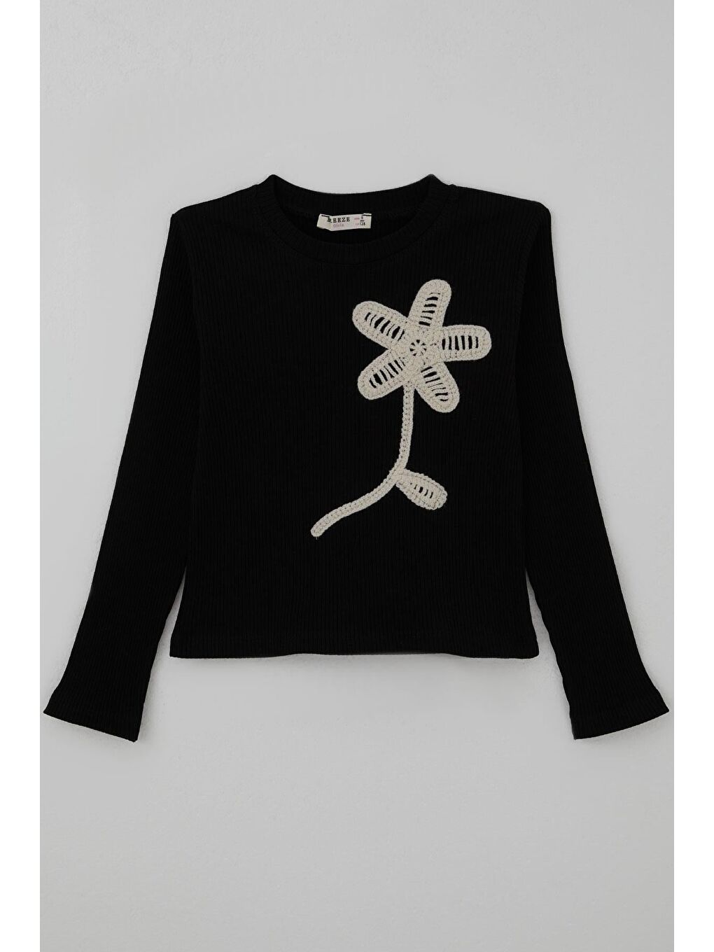 Kız Çocuk Uzun Kollu Tişört Örgü Çiçek Aplikeli Siyah (6-12 Yaş)-2