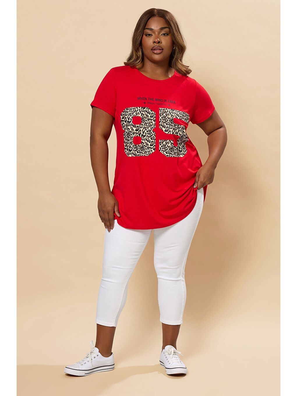 Kırmızı Büyük Beden Bisiklet Yaka Kısa Kollu Baskılı T-shirt 304173-1