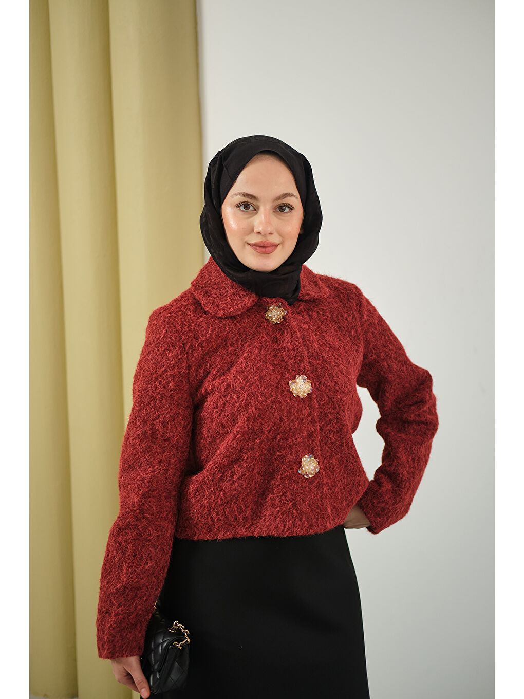 Kadın Çiçek Düğmeli Keçe Kısa Ceket Bordo-2