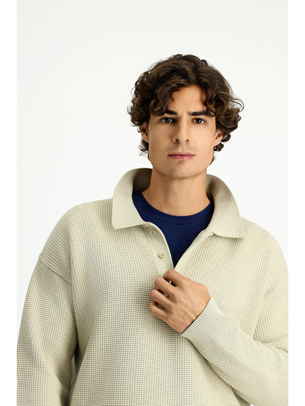 Bej Polo Yaka Oversize Ekstra Rahat Kesim Desenli Triko Kazak-3