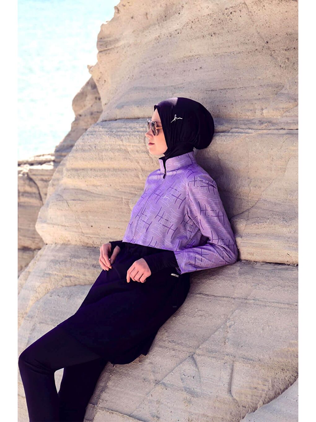 Lila Esila Monogram Desenli Lacivert Tam Tesettür Mayo Üstü 2934-1