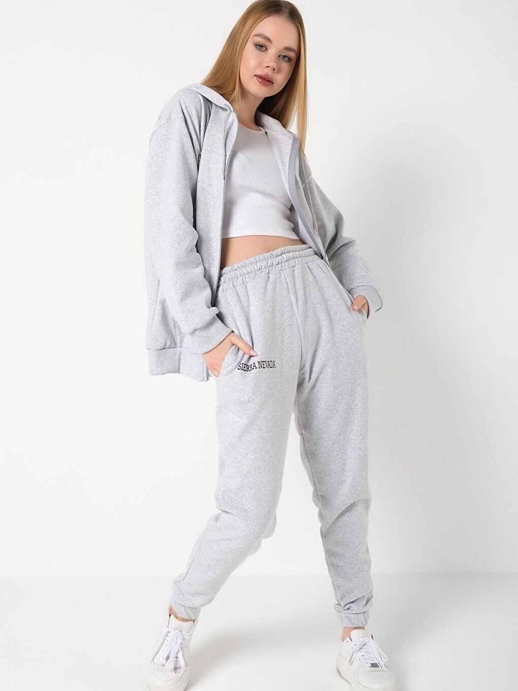 Kadın Açık Gri Sierra Nevada Baskılı Hırka Jogger Oversize Eşofman Takımı-1