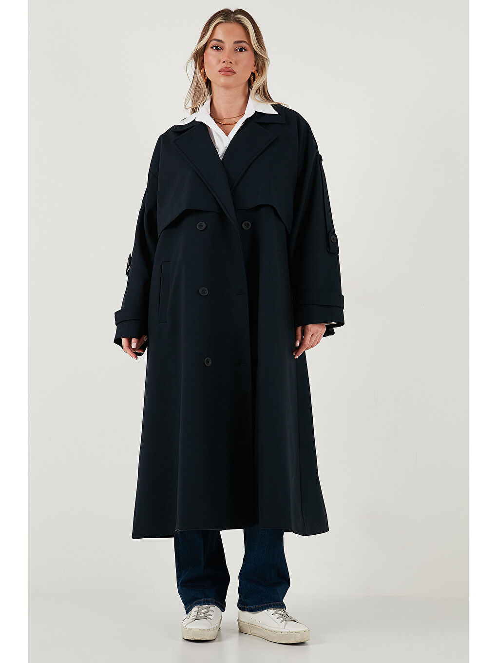 Lacivert Oversize Fit Kruvaze Yaka Düğmeli Kemerli Uzun Trençkot 6839476-1