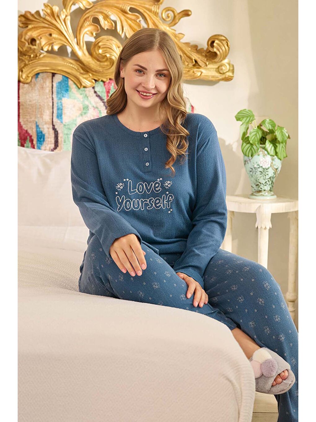 Büyük Beden Termal Kadın Uzun Kol Pijama Takımı 240680 Petrol