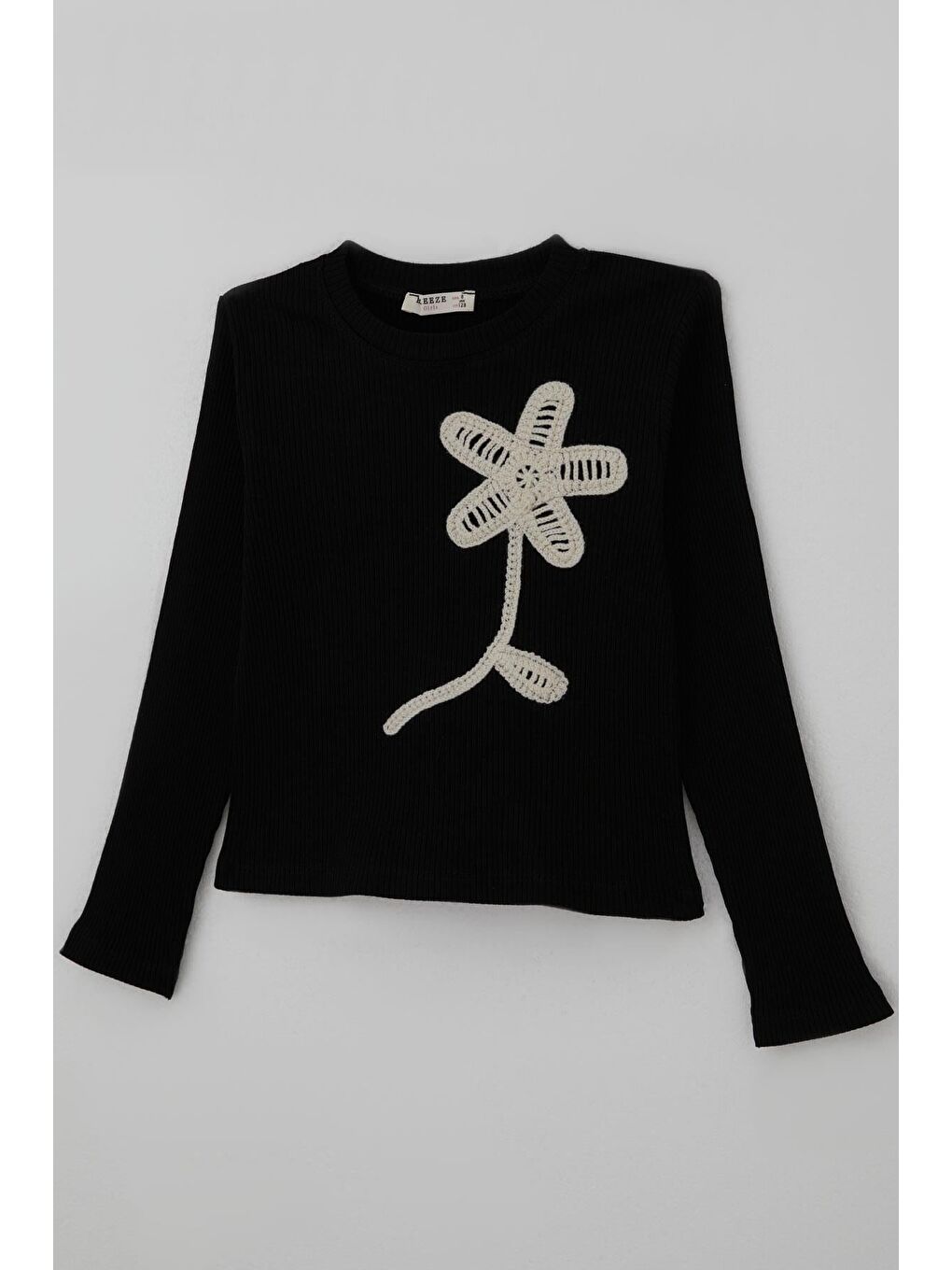 Kız Çocuk Uzun Kollu Tişört Örgü Çiçek Aplikeli Siyah (6-12 Yaş)-4