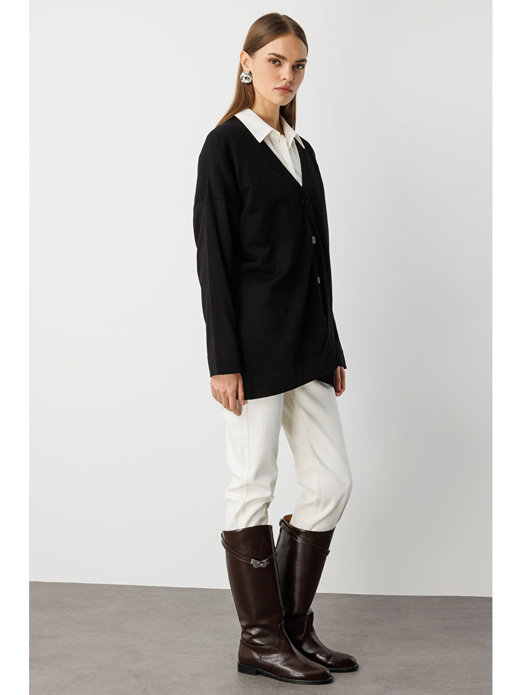 Ekstra Oversize Düşük Kol Basic Siyah İnce Triko Hırka-1