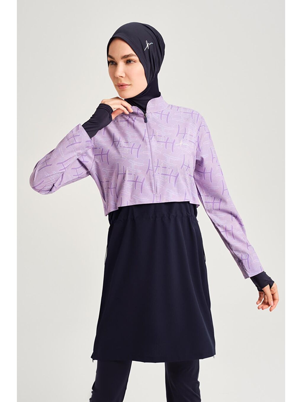 Lila Esila Monogram Desenli Lacivert Tam Tesettür Mayo Üstü 2934-5