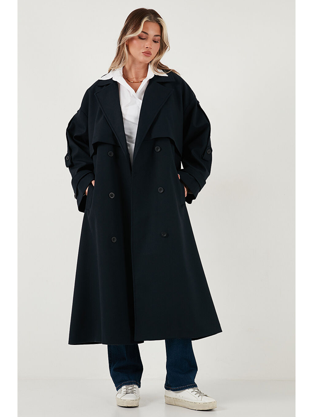 Lacivert Oversize Fit Kruvaze Yaka Düğmeli Kemerli Uzun Trençkot 6839476-2
