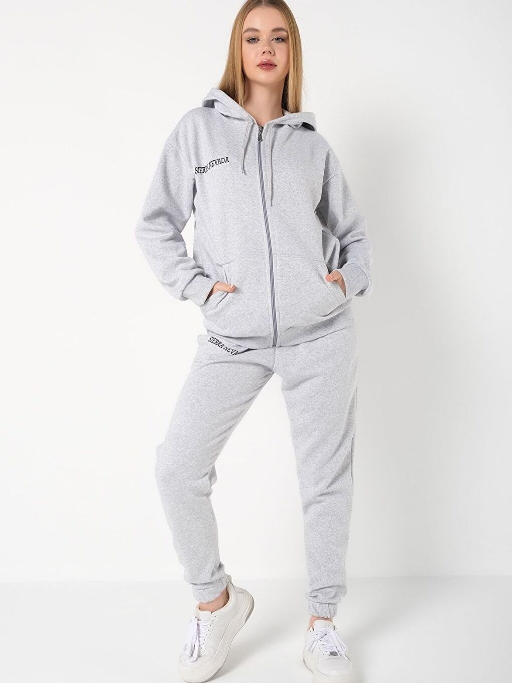 Kadın Açık Gri Sierra Nevada Baskılı Hırka Jogger Oversize Eşofman Takımı-2