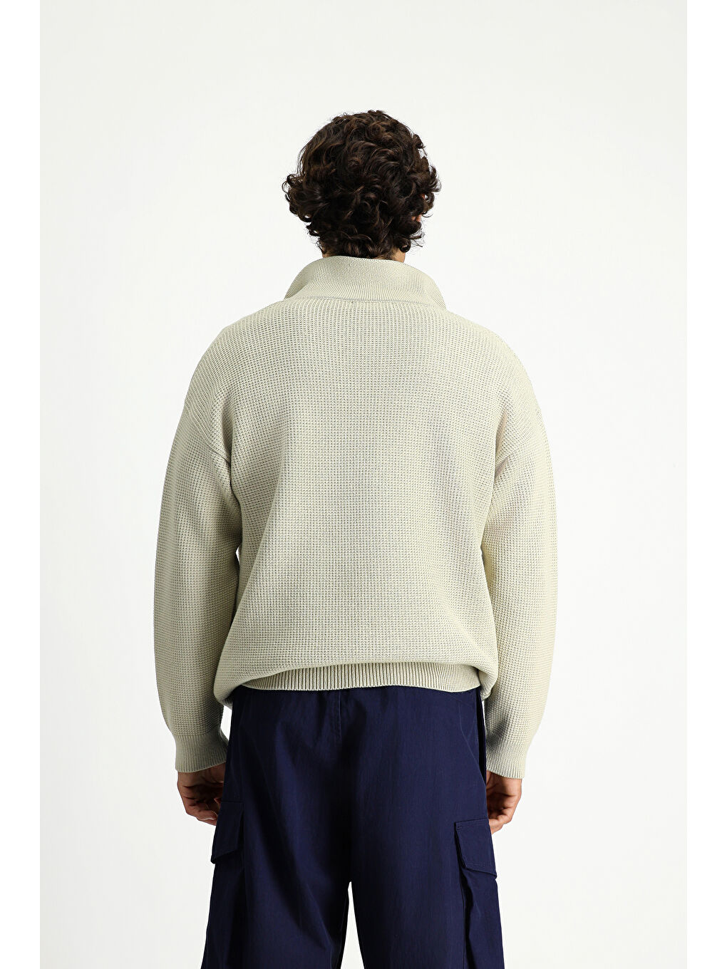 Bej Polo Yaka Oversize Ekstra Rahat Kesim Desenli Triko Kazak-4