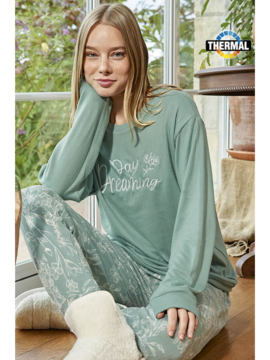 Yeşil Kadın Termal Uzun Kol Pijama Takımı 30009 Mint-1