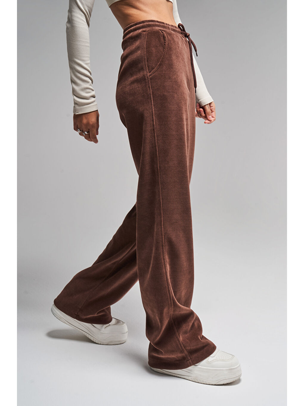 Kahverengi Kadın Kahve Renk 1w416 İnce Fitilli Örme Esnek Kadife Kumaş Pantolon